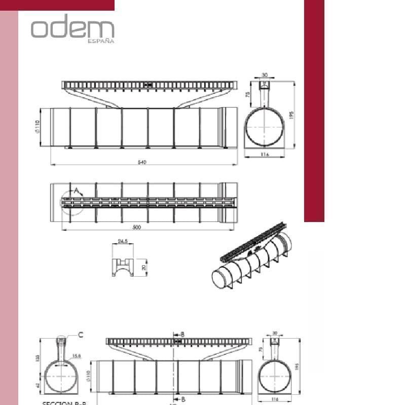 Canaleta tubular con rejilla Ø110 C250 Gris 50cms - Imagen 3