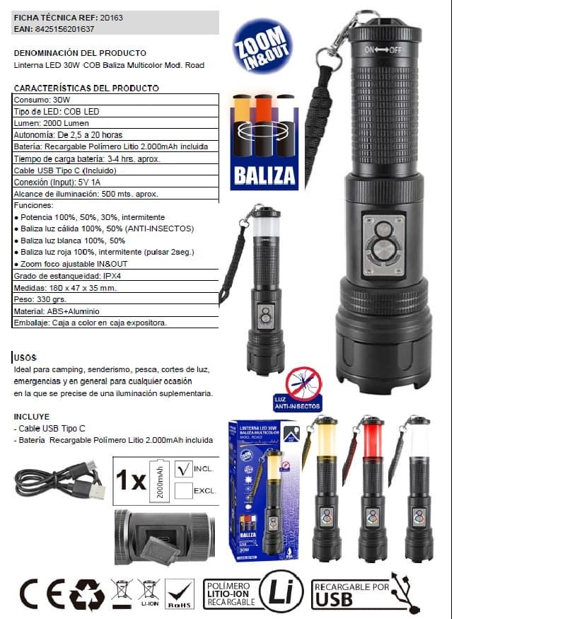 Linterna LED COB 30W con baliza LED multicolor modelo ROAD - Imagen 10